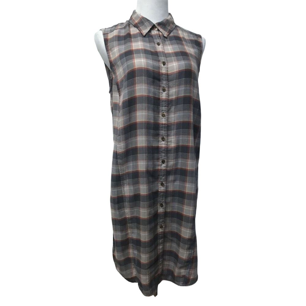 Rush Top Womens Small Tunic High Side Slits Gray Plaid